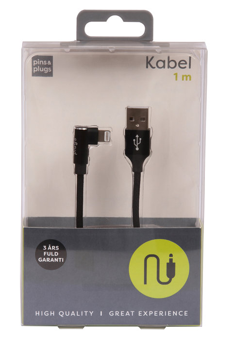 USB-A til lightning-kabel med 90-graders plugg – 1 meter